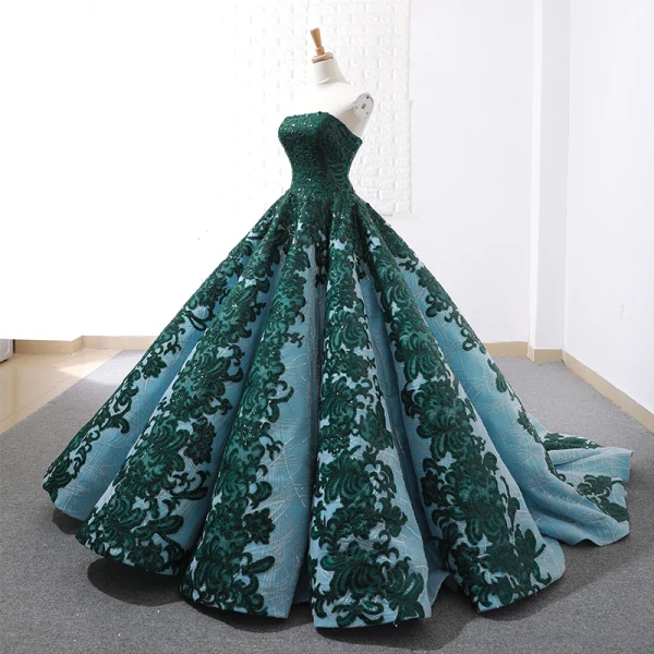 Luxury / Gorgeous Dark Green Red Carpet Evening Dresses 2023 Ball Gown Strapless Sleeveless Appliques Lace Sequins Sweep Train Ruffle Backless Formal Dresses