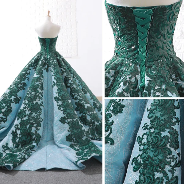 Luxury / Gorgeous Dark Green Red Carpet Evening Dresses 2023 Ball Gown Strapless Sleeveless Appliques Lace Sequins Sweep Train Ruffle Backless Formal Dresses