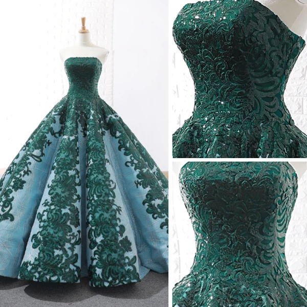 Luxury / Gorgeous Dark Green Red Carpet Evening Dresses 2023 Ball Gown Strapless Sleeveless Appliques Lace Sequins Sweep Train Ruffle Backless Formal Dresses