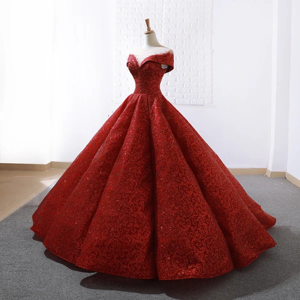 Luxus / Herrlich Rot Durchsichtige Hochzeits Brautkleider / Hochzeitskleider 2023 Ballkleid Rundhalsausschnitt Kurze Ärmel Applikationen Pailletten Sweep / Pinsel Zug Rüschen