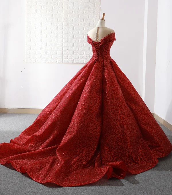 Luxus / Herrlich Rot Durchsichtige Hochzeits Brautkleider / Hochzeitskleider 2023 Ballkleid Rundhalsausschnitt Kurze Ärmel Applikationen Pailletten Sweep / Pinsel Zug Rüschen