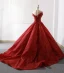 Luxe Rouge Transparentes La Mariée Robe De Mariée 2023 Robe Boule Encolure Dégagée Manches Courtes Appliques Paillettes Train De Balayage Volants