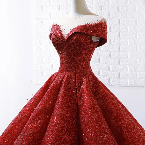 Luxus / Herrlich Rot Durchsichtige Hochzeits Brautkleider / Hochzeitskleider 2023 Ballkleid Rundhalsausschnitt Kurze Ärmel Applikationen Pailletten Sweep / Pinsel Zug Rüschen