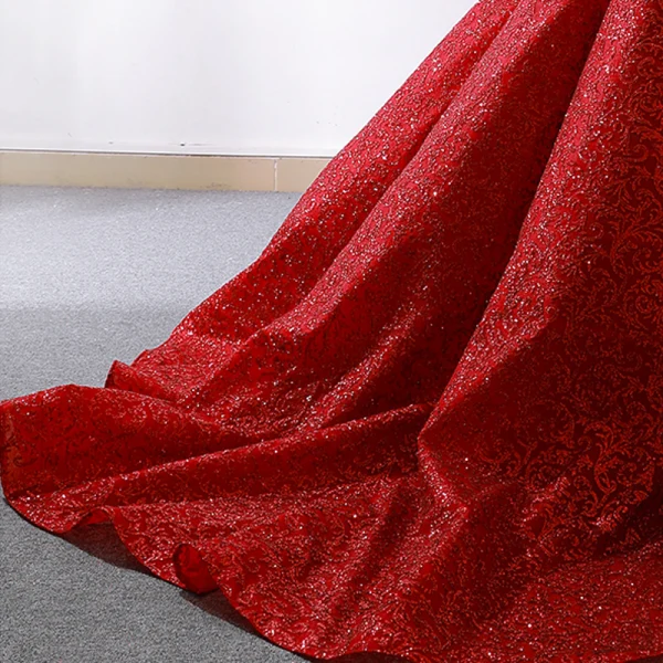 Luxus / Herrlich Rot Durchsichtige Hochzeits Brautkleider / Hochzeitskleider 2023 Ballkleid Rundhalsausschnitt Kurze Ärmel Applikationen Pailletten Sweep / Pinsel Zug Rüschen