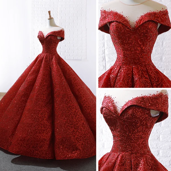 Luxus / Herrlich Rot Durchsichtige Hochzeits Brautkleider / Hochzeitskleider 2023 Ballkleid Rundhalsausschnitt Kurze Ärmel Applikationen Pailletten Sweep / Pinsel Zug Rüschen