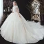 Vintage / Retro Champagne See-through Bridal Wedding Dresses 2020 Ball Gown High Neck Sleeveless Appliques Lace Beading Pearl Chapel Train Ruffle