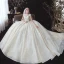 Vintage / Retro Champagne See-through Bridal Wedding Dresses 2020 Ball Gown High Neck Sleeveless Appliques Lace Beading Pearl Chapel Train Ruffle