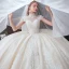 Vintage / Retro Champagne See-through Bridal Wedding Dresses 2020 Ball Gown High Neck Sleeveless Appliques Lace Beading Pearl Chapel Train Ruffle