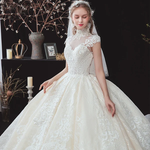 Vintage / Retro Champagne See-through Bridal Wedding Dresses 2020 Ball Gown High Neck Sleeveless Appliques Lace Beading Pearl Chapel Train Ruffle
