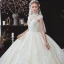 Vintage / Retro Champagne See-through Bridal Wedding Dresses 2020 Ball Gown High Neck Sleeveless Appliques Lace Beading Pearl Chapel Train Ruffle