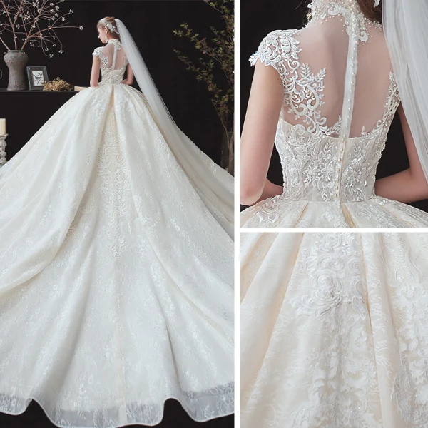 Vintage / Retro Champagne See-through Bridal Wedding Dresses 2020 Ball Gown High Neck Sleeveless Appliques Lace Beading Pearl Chapel Train Ruffle