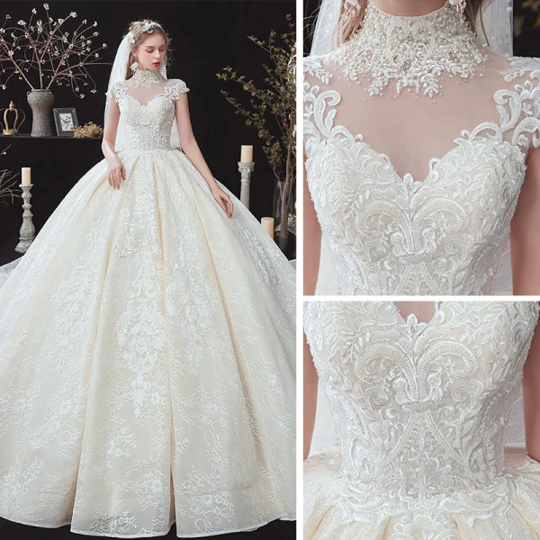 Vintage / Retro Champagne See-through Bridal Wedding Dresses 2020 Ball Gown High Neck Sleeveless Appliques Lace Beading Pearl Chapel Train Ruffle