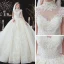 Vintage / Retro Champagne See-through Bridal Wedding Dresses 2020 Ball Gown High Neck Sleeveless Appliques Lace Beading Pearl Chapel Train Ruffle