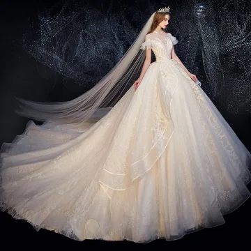 Vintage Retro Champagne See Through Bridal Wedding Dresses 2020 Ball Gown High Neck Puffy Short Sleeve Backless Glitter Appliques Lace Cathedral Train Ruffle