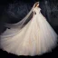 Vintage Champagner Durchsichtige Hochzeits Brautkleider / Hochzeitskleider 2020 Ballkleid Stehkragen Geschwollenes Kurze Ärmel Rückenfreies Glanz Applikationen Spitze Kathedrale Schleppe Rüschen