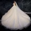 Vintage Champagner Durchsichtige Hochzeits Brautkleider / Hochzeitskleider 2020 Ballkleid Stehkragen Geschwollenes Kurze Ärmel Rückenfreies Glanz Applikationen Spitze Kathedrale Schleppe Rüschen