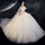 Vintage Champagner Durchsichtige Hochzeits Brautkleider / Hochzeitskleider 2020 Ballkleid Stehkragen Geschwollenes Kurze Ärmel Rückenfreies Glanz Applikationen Spitze Kathedrale Schleppe Rüschen
