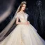 Vintage Champagner Durchsichtige Hochzeits Brautkleider / Hochzeitskleider 2020 Ballkleid Stehkragen Geschwollenes Kurze Ärmel Rückenfreies Glanz Applikationen Spitze Kathedrale Schleppe Rüschen