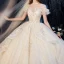 Vintage Champagner Durchsichtige Hochzeits Brautkleider / Hochzeitskleider 2020 Ballkleid Stehkragen Geschwollenes Kurze Ärmel Rückenfreies Glanz Applikationen Spitze Kathedrale Schleppe Rüschen