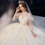 Vintage Champagner Durchsichtige Hochzeits Brautkleider / Hochzeitskleider 2020 Ballkleid Stehkragen Geschwollenes Kurze Ärmel Rückenfreies Glanz Applikationen Spitze Kathedrale Schleppe Rüschen