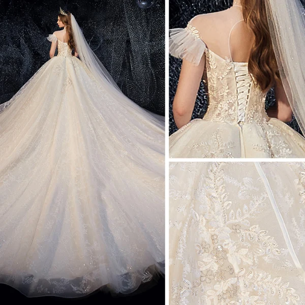 Vintage Champagner Durchsichtige Hochzeits Brautkleider / Hochzeitskleider 2020 Ballkleid Stehkragen Geschwollenes Kurze Ärmel Rückenfreies Glanz Applikationen Spitze Kathedrale Schleppe Rüschen