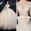 Vintage Champagner Durchsichtige Hochzeits Brautkleider / Hochzeitskleider 2020 Ballkleid Stehkragen Geschwollenes Kurze Ärmel Rückenfreies Glanz Applikationen Spitze Kathedrale Schleppe Rüschen