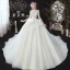 Chic / Belle Champagne Transparentes La Mariée Robe De Mariée 2020 Robe Boule Encolure Dégagée 3/4 Manches Dos Nu Appliques En Dentelle Perlage Glitter Tulle Chapel Train Volants