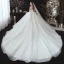 Chic / Belle Champagne Transparentes La Mariée Robe De Mariée 2020 Robe Boule Encolure Dégagée 3/4 Manches Dos Nu Appliques En Dentelle Perlage Glitter Tulle Chapel Train Volants