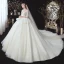 Chic / Belle Champagne Transparentes La Mariée Robe De Mariée 2020 Robe Boule Encolure Dégagée 3/4 Manches Dos Nu Appliques En Dentelle Perlage Glitter Tulle Chapel Train Volants