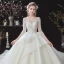 Chic / Belle Champagne Transparentes La Mariée Robe De Mariée 2020 Robe Boule Encolure Dégagée 3/4 Manches Dos Nu Appliques En Dentelle Perlage Glitter Tulle Chapel Train Volants