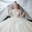 Chic / Belle Champagne Transparentes La Mariée Robe De Mariée 2020 Robe Boule Encolure Dégagée 3/4 Manches Dos Nu Appliques En Dentelle Perlage Glitter Tulle Chapel Train Volants