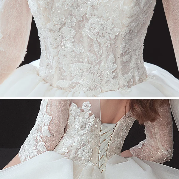 Chic / Belle Champagne Transparentes La Mariée Robe De Mariée 2020 Robe Boule Encolure Dégagée 3/4 Manches Dos Nu Appliques En Dentelle Perlage Glitter Tulle Chapel Train Volants