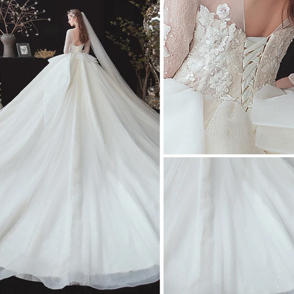 Chic / Belle Champagne Transparentes La Mariée Robe De Mariée 2020 Robe Boule Encolure Dégagée 3/4 Manches Dos Nu Appliques En Dentelle Perlage Glitter Tulle Chapel Train Volants
