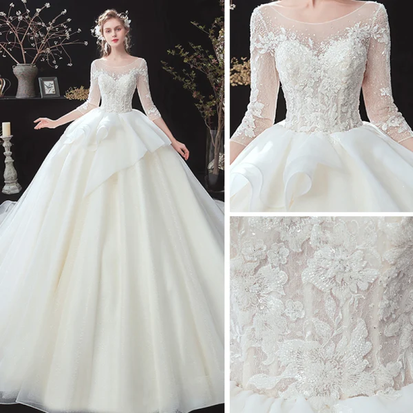 Chic / Belle Champagne Transparentes La Mariée Robe De Mariée 2020 Robe Boule Encolure Dégagée 3/4 Manches Dos Nu Appliques En Dentelle Perlage Glitter Tulle Chapel Train Volants