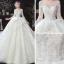 Chic / Belle Champagne Transparentes La Mariée Robe De Mariée 2020 Robe Boule Encolure Dégagée 3/4 Manches Dos Nu Appliques En Dentelle Perlage Glitter Tulle Chapel Train Volants