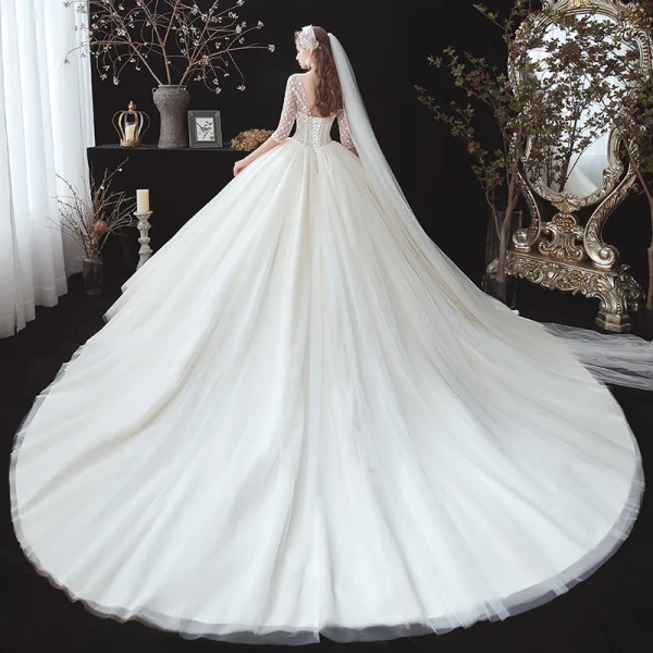 Chic / Beautiful Champagne See-through Corset Wedding Dresses 2020 Ball Gown V-Neck 1/2 Sleeves Backless Appliques Flower Beading Chapel Train