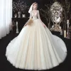 Chic / Beautiful Champagne See-through Corset Wedding Dresses 2020 Ball Gown V-Neck 1/2 Sleeves Backless Appliques Flower Beading Chapel Train
