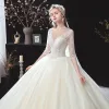 Chic / Beautiful Champagne See-through Corset Wedding Dresses 2020 Ball Gown V-Neck 1/2 Sleeves Backless Appliques Flower Beading Chapel Train