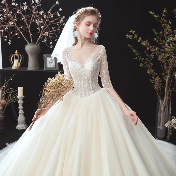Chic / Beautiful Champagne See-through Corset Wedding Dresses 2020 Ball Gown V-Neck 1/2 Sleeves Backless Appliques Flower Beading Chapel Train