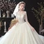 Chic / Beautiful Champagne See-through Corset Wedding Dresses 2020 Ball Gown V-Neck 1/2 Sleeves Backless Appliques Flower Beading Chapel Train