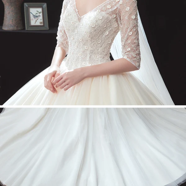 Chic / Beautiful Champagne See-through Corset Wedding Dresses 2020 Ball Gown V-Neck 1/2 Sleeves Backless Appliques Flower Beading Chapel Train