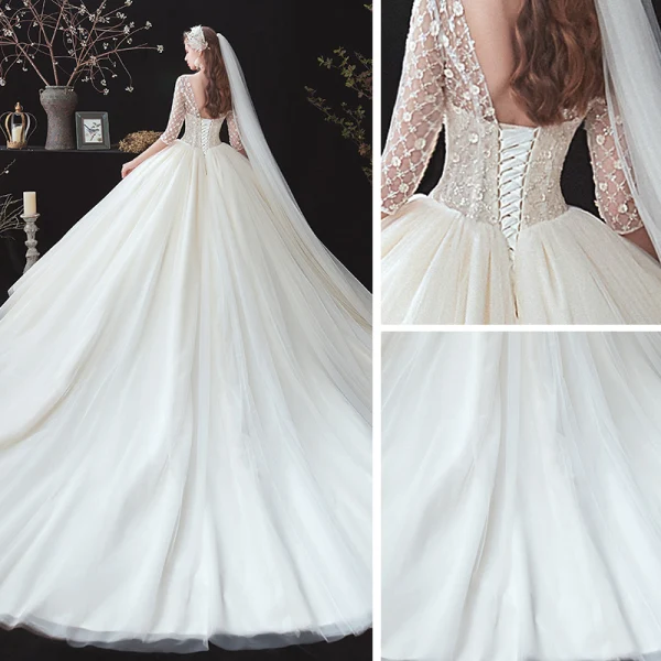 Chic / Beautiful Champagne See-through Corset Wedding Dresses 2020 Ball Gown V-Neck 1/2 Sleeves Backless Appliques Flower Beading Chapel Train