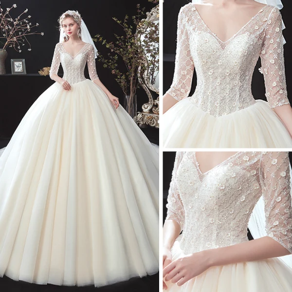 Chic / Beautiful Champagne See-through Corset Wedding Dresses 2020 Ball Gown V-Neck 1/2 Sleeves Backless Appliques Flower Beading Chapel Train