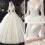 Chic / Beautiful Champagne See-through Corset Wedding Dresses 2020 Ball Gown V-Neck 1/2 Sleeves Backless Appliques Flower Beading Chapel Train