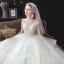 Romantisch Ivory / Creme Hochzeits Brautkleider / Hochzeitskleider 2020 Ballkleid Durchsichtige Rundhalsausschnitt Kurze Ärmel Rückenfreies Applikationen Spitze Perlenstickerei Quaste Kathedrale Schleppe Fallende Rüsche