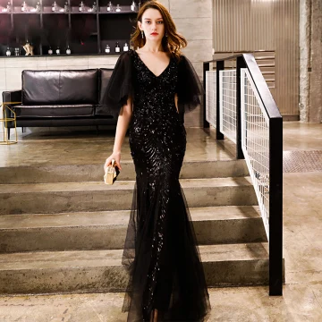 Elegant Black Evening Dresses 2019 Trumpet Mermaid V Neck 1 2 Sleeves Glitter Sequins Floor Length Long Backless Formal Dresses