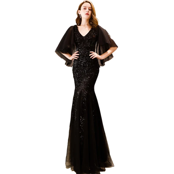 Elegant Black Evening Dresses  2019 Trumpet / Mermaid V-Neck 1/2 Sleeves Glitter Sequins Floor-Length / Long Backless Formal Dresses
