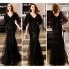 Elegant Black Evening Dresses  2019 Trumpet / Mermaid V-Neck 1/2 Sleeves Glitter Sequins Floor-Length / Long Backless Formal Dresses
