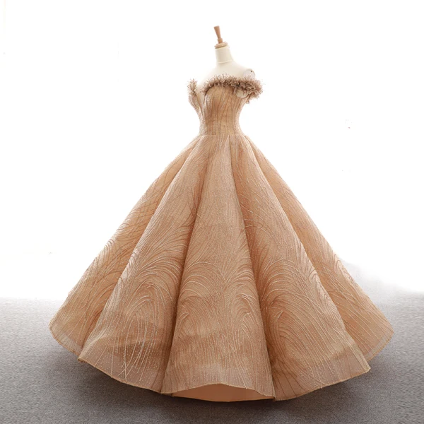 Luxe Doré Dansant Robe De Bal 2023 Robe Boule De l'épaule Transparentes Col v profond Manches Courtes Appliques En Dentelle Paillettes Longue Volants Dos Nu