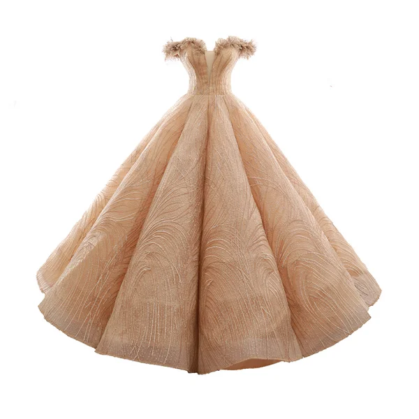 Luxe Doré Dansant Robe De Bal 2023 Robe Boule De l'épaule Transparentes Col v profond Manches Courtes Appliques En Dentelle Paillettes Longue Volants Dos Nu
